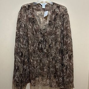 Allison Taylor 100% Silk Sheer Women Top Blouse 3X Long Sleeve